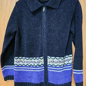 sag harbor women's black and purple chenille sweater petite